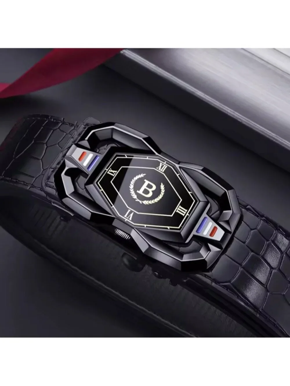 Elegant Fashion Men Belt Adjustable Black Buckle Crocodile Black Length 50.5 in